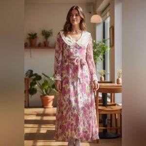 Vintage 1970s  trad Long Sleeve Floral Empire Waist Dress Chiffon Modest small